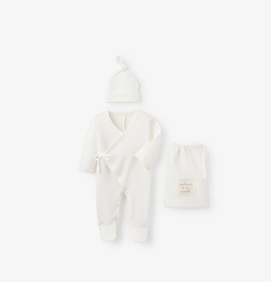 PREEMIE ORGANIC COTTON 2 PC POINTELLE WELCOME TO THE WORLD LAYETTE BAG SET