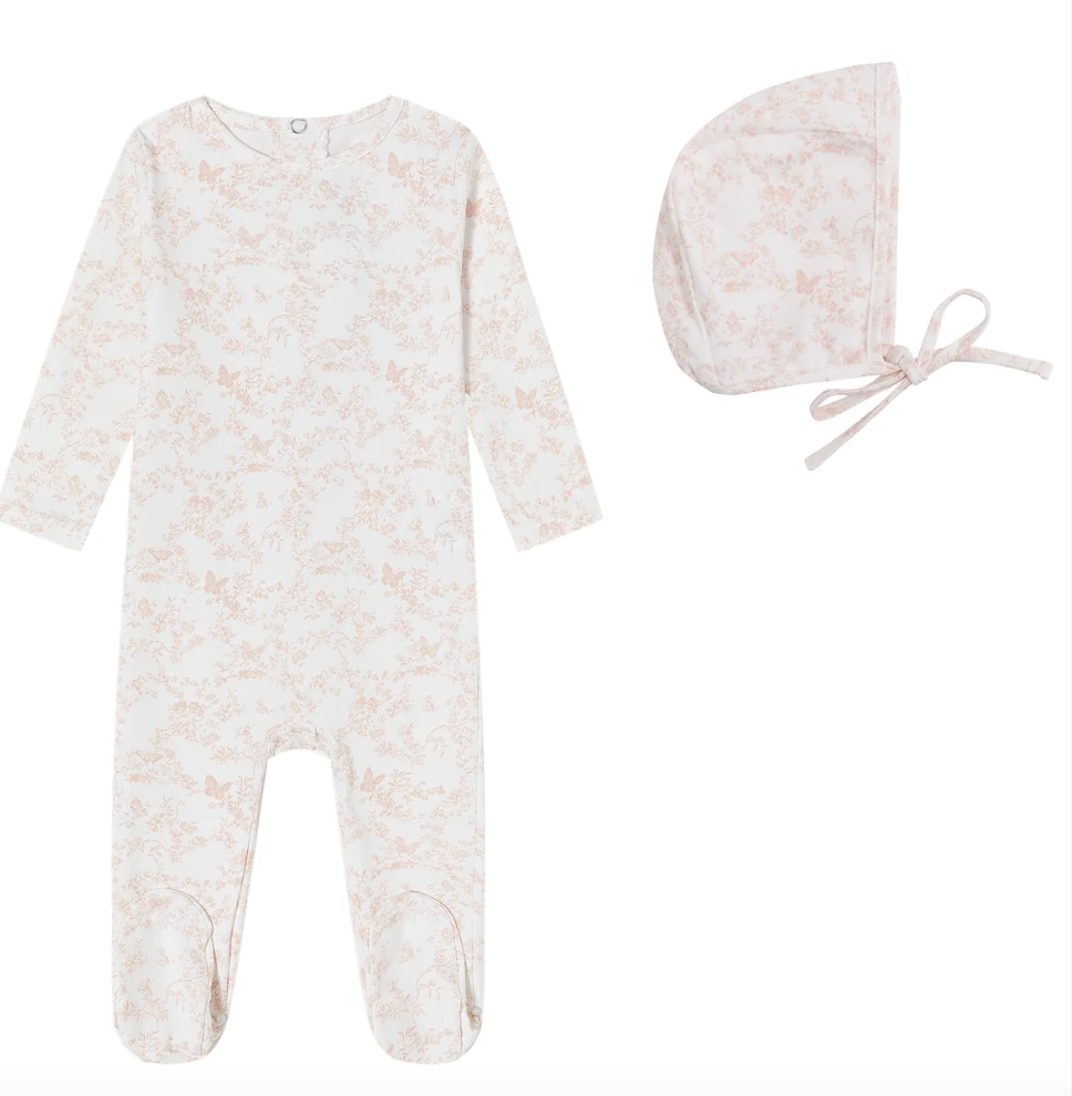 Pink Toile Butterfly Footie and Bonnet