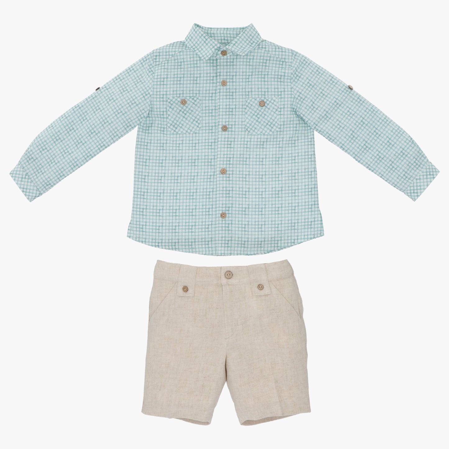 checkered long sleeve shirt and beige linen short set