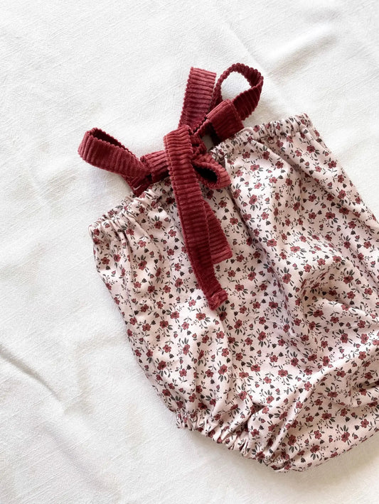 Cotton Romper / Vintage Burgundy Flowers