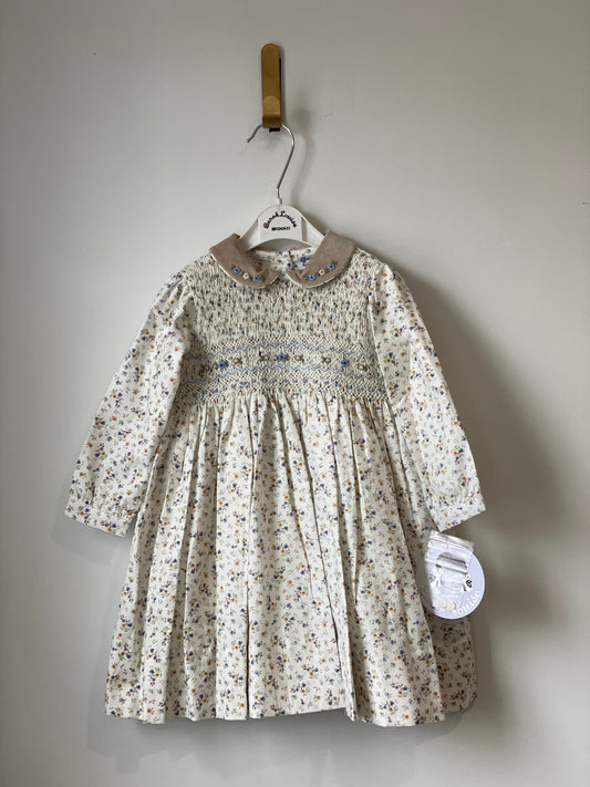 Beige collared smocked floral dress