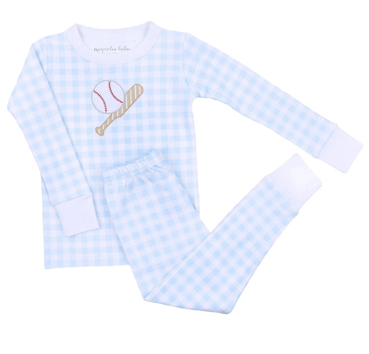 Batter Up Applique Blue Long Pajamas