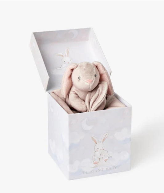 TAUPE LOVIE BUNNY SECURITY BLANKIE W/ GIFT BOX