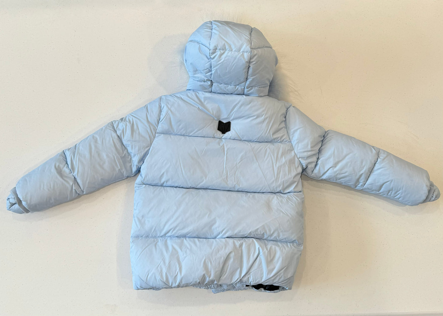 Double breasted light blue puffer w fur