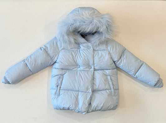 Double breasted light blue puffer w fur