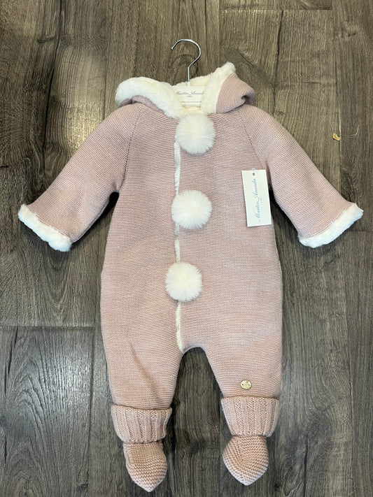 Fur lined footed knit jacket with pom buttons