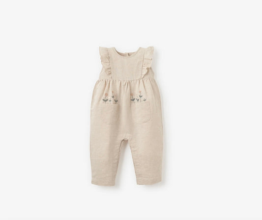 NATURAL LINEN FLORAL EMBROIDERED JUMPSUIT
