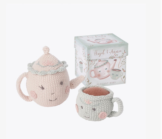 BOXED TEAPOT & TEACUP RATTLES KNIT/ HAND-CROCHET
