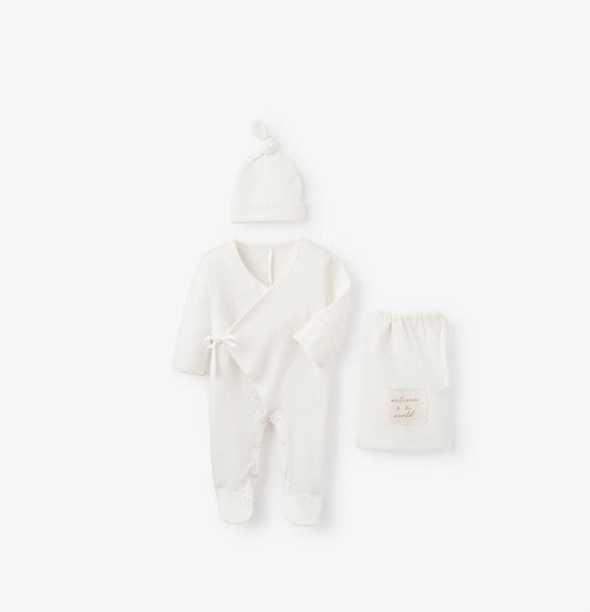 PREEMIE ORGANIC COTTON 2 PC POINTELLE WELCOME TO THE WORLD LAYETTE BAG SET