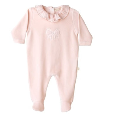 Girls Ruffled Crew Collar W/ Bow Embroidery Footie