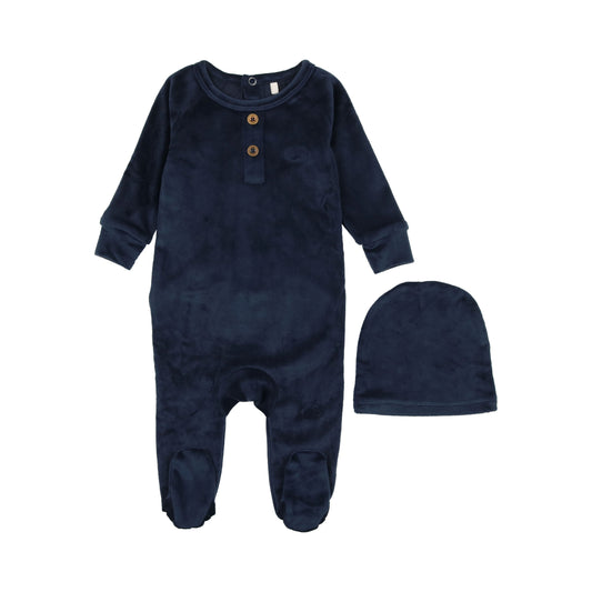 Velour Henley Footie- Midnight Blue