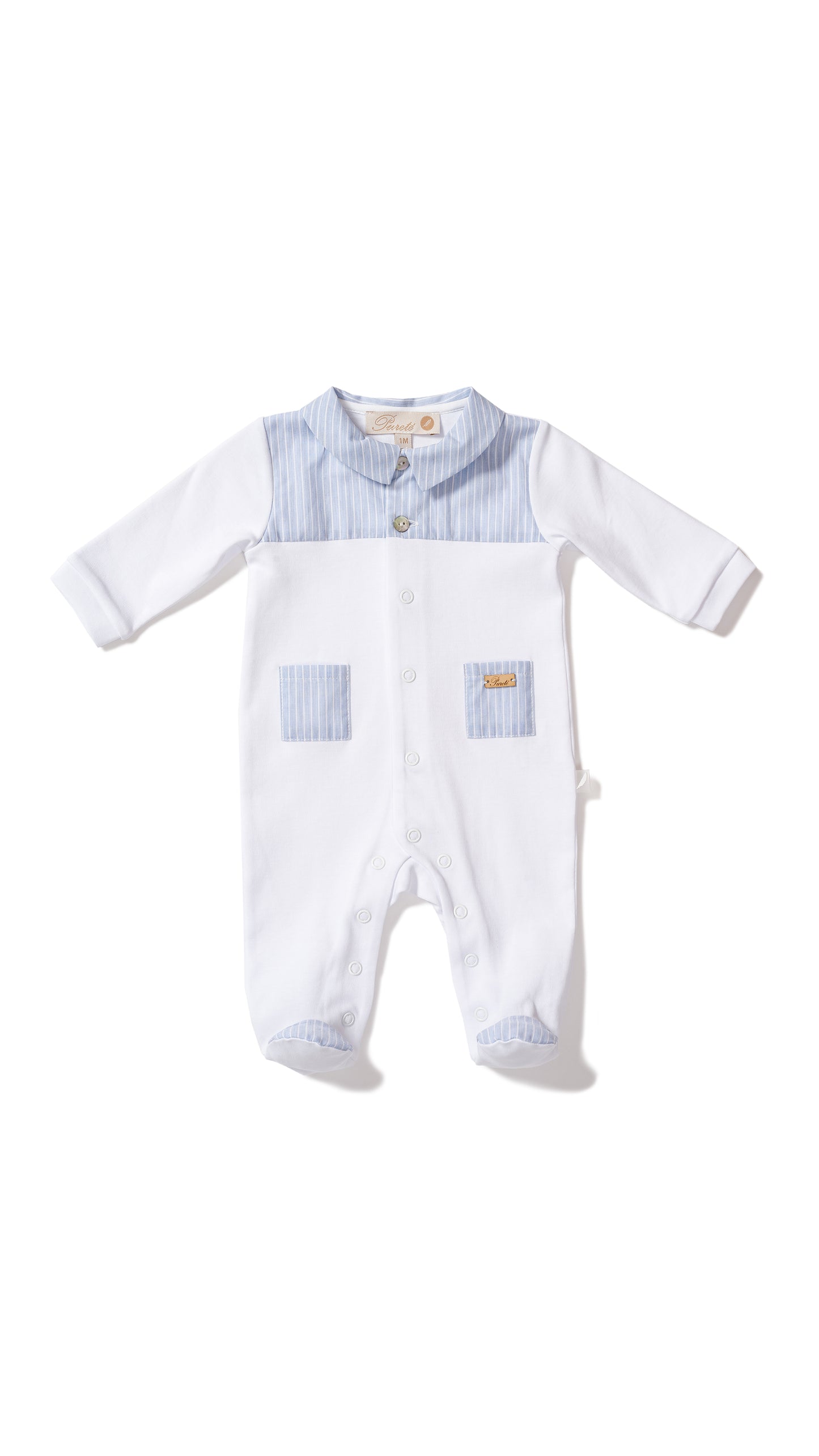 White cotton footie w/ baby blue collared front and pockets