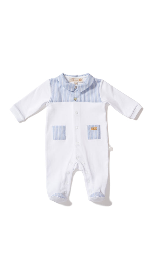 White cotton footie w/ baby blue collared front and pockets