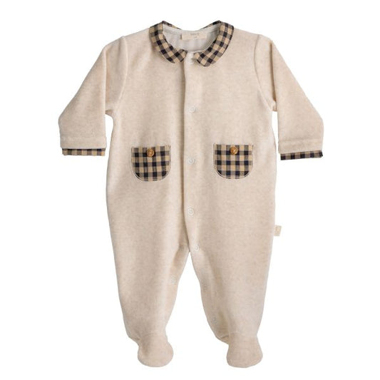 Checkered Velour Footie W/ Pockets