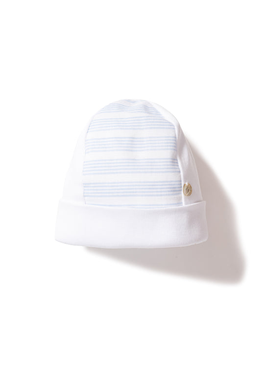 White pull on hat with blue stripes