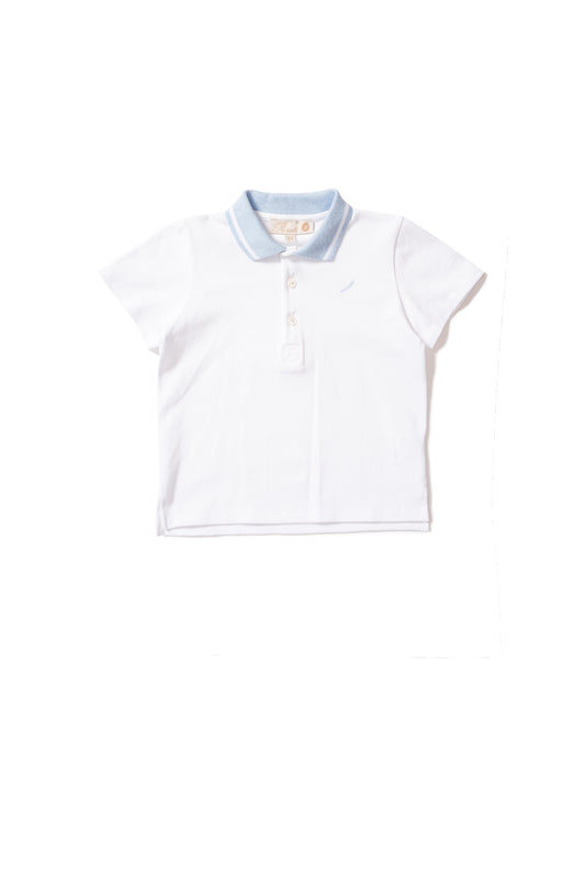 White short sleeve polo shirt with baby blue collar