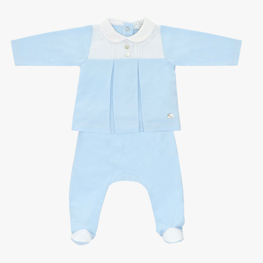 Blue long sleeve collared and footie pant two piece set
