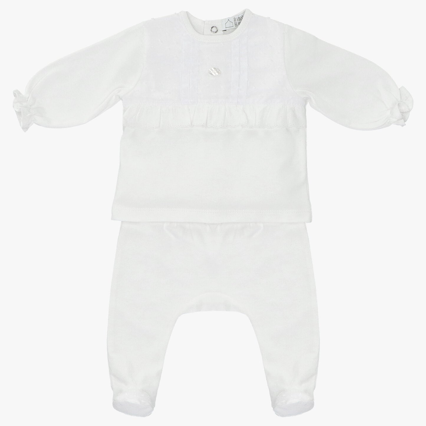 white ruffle shirt with footie pant 2 piece set