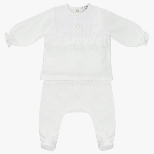 white ruffle shirt with footie pant 2 piece set