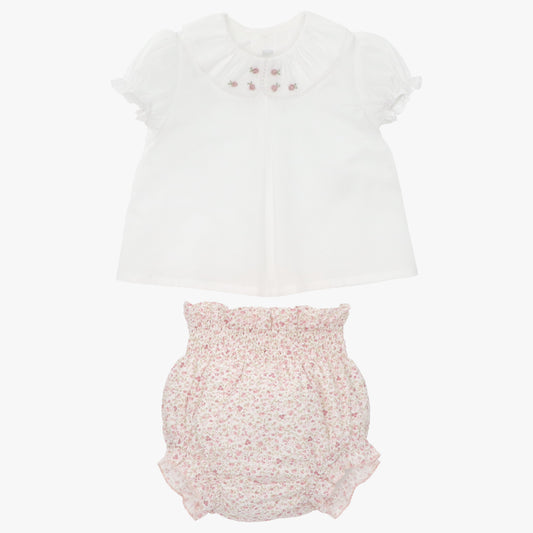 ruffled blouse with flower collar and floral bloomer 2 piece set