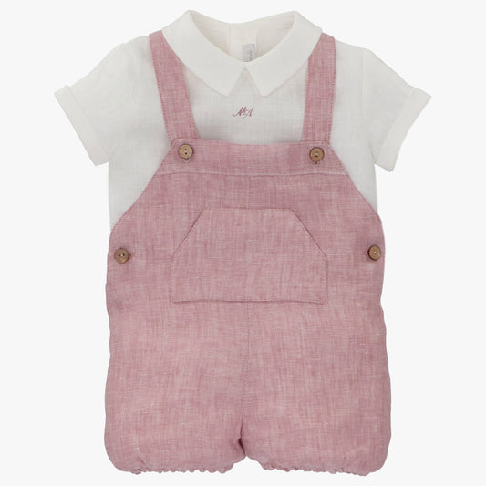 white linen Shirt and pink linen overall set