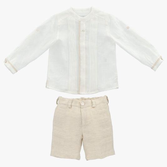 Boys White linen shirt and beige linen pants set