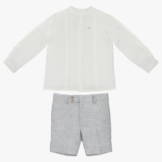 Long sleeve White linen shirt with grey linen pant set