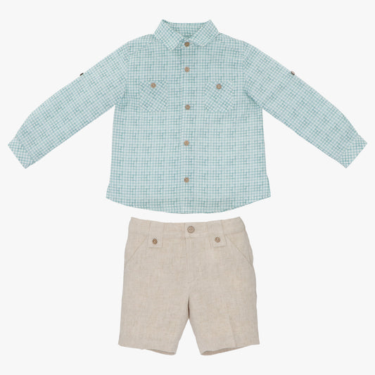 checkered long sleeve shirt and beige linen short set