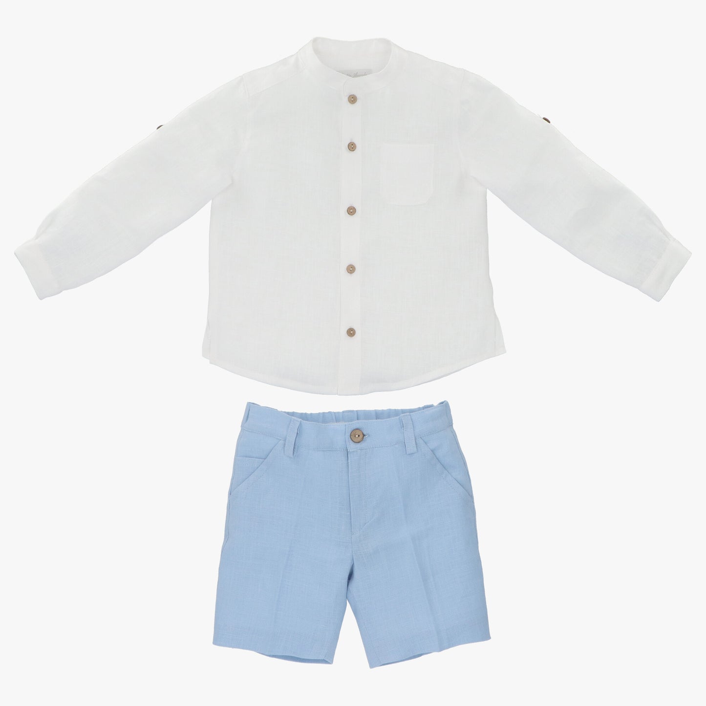 Long Sleeve white linen shirt and blue linen pants set