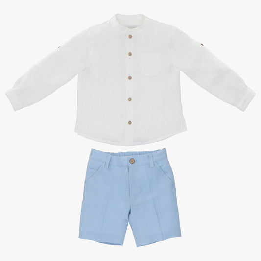 Long Sleeve white linen shirt and blue linen pants set
