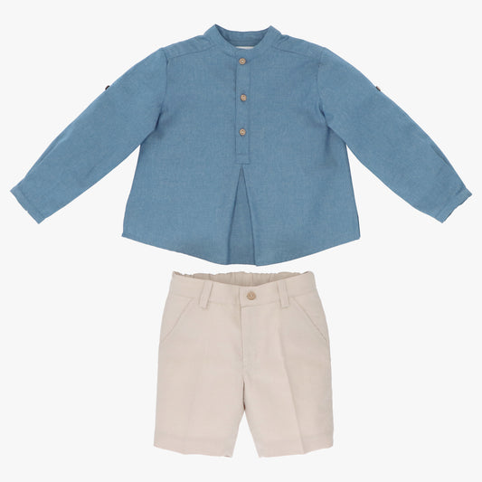 Blue long sleeve shirt and beige pants set