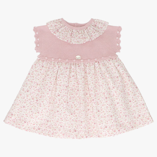 pink floral knit and woven sleeveless dress