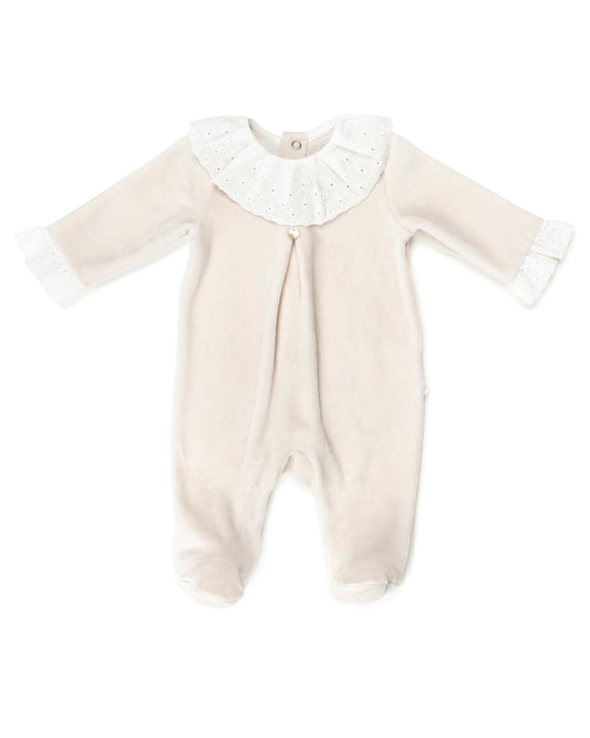 Girls Dark Ivory Velour Footie