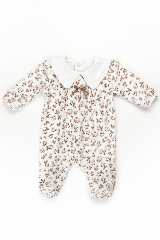 Collared floral velour footie