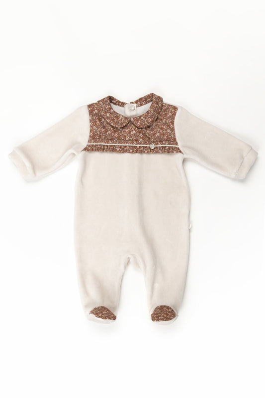 Ivory Dark Floral Print Velour Footie